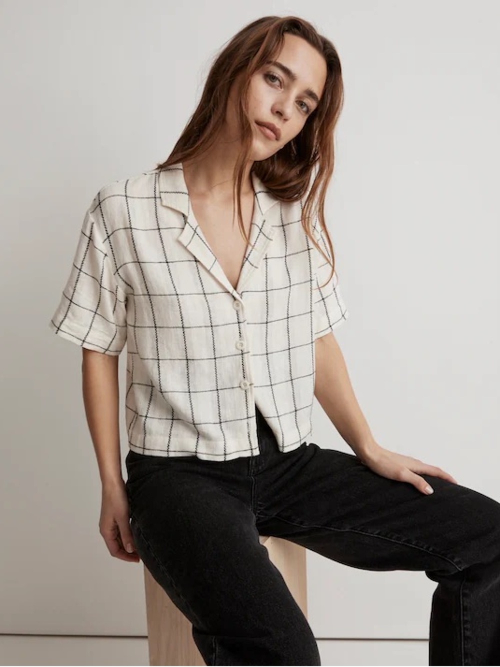 Madewell Linen-Blend Resort Crop Shirt in Windowpane Cream Black Size Small NWOT